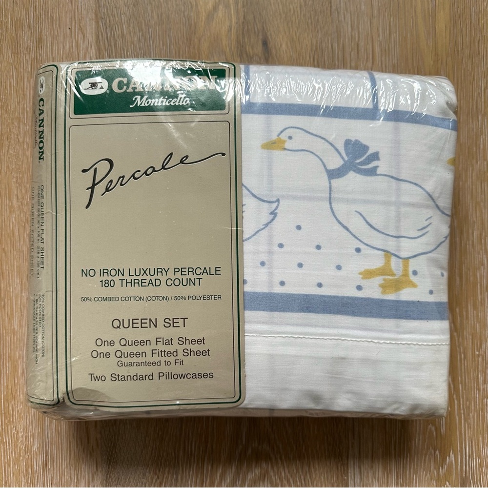 NWT NOS Cannon Percale Queen Bed Sheets 180 Thread Count Blue White Yellow Geese - Picture 6 of 7